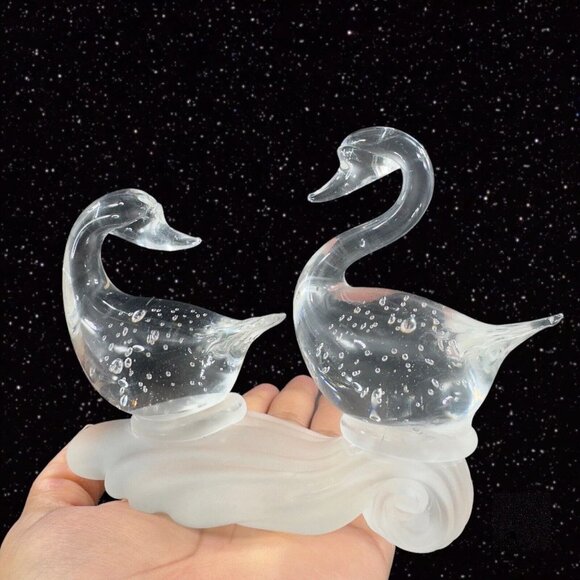 1980s Clear Art Glass Bird Duck Sculpture Figure On Frosted Bottom W Bubbles - Picture 3 of 10